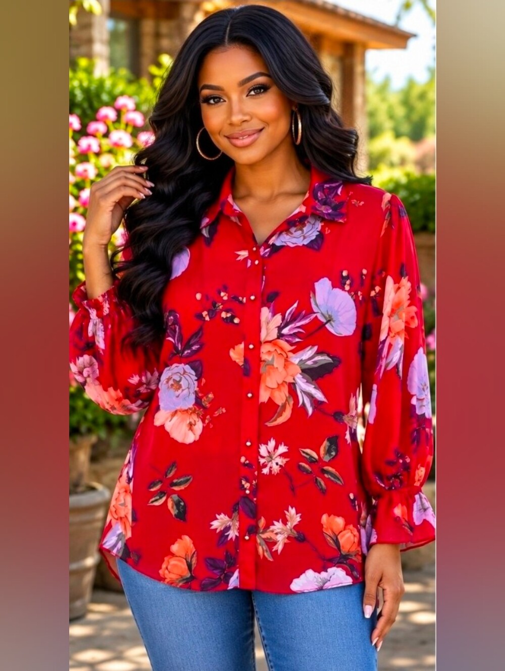 NEW!! Iman Women's Red Floral Button-Front Tunic Blouse, Sz Small